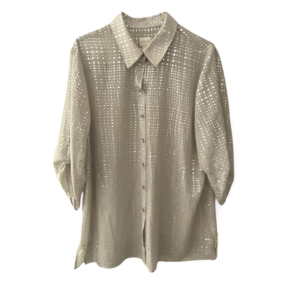 Chico's Silver Shimmery Sheer Blouse Sz 3 (XL) EUC